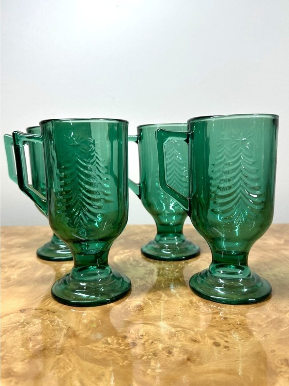 Vintage Indiana Glass Emerald Green Christmas Tree Footed Mugs Set of 4